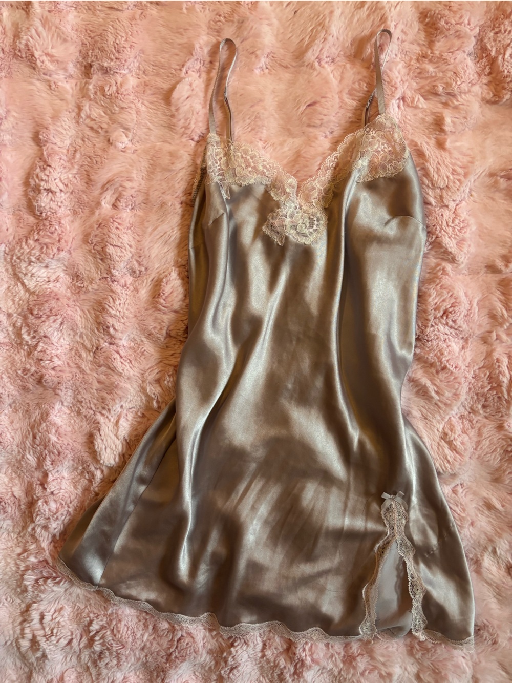 Victoria Secret Silk-Look Satin Slip Dress in Champagne with Lace Trim